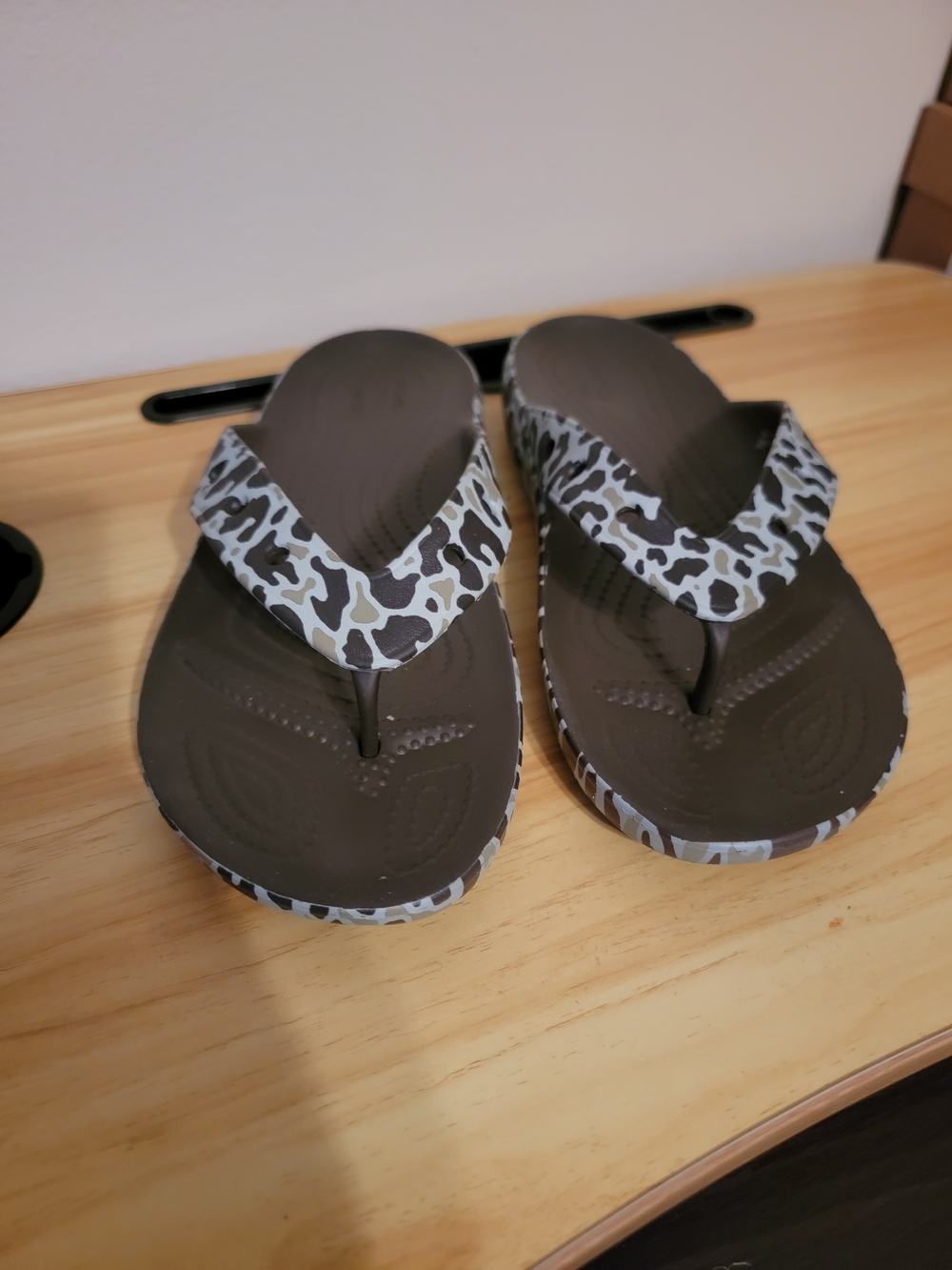 CROCS Brown and White Leopard-Print Flip Flop Sandals